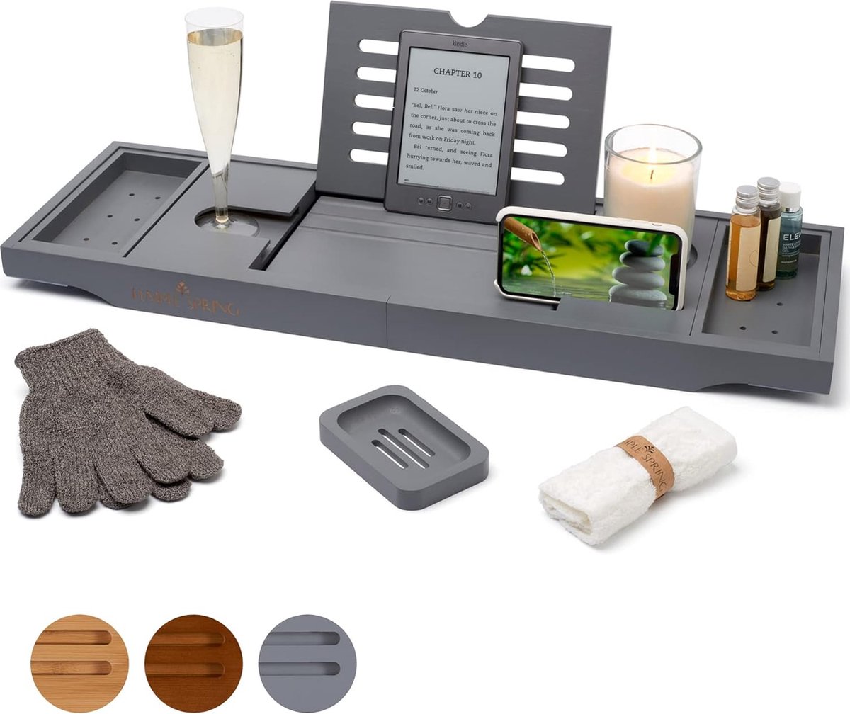 Bamboe badbak met kaars, wijnglas, boek, tablet, iPad en telefoonhouder, uitschuifbare badbak, houten badkuipbak, 100 bamboe (grijs