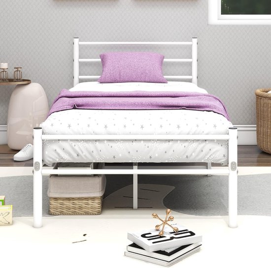 Metal Bed with Slatted Frame, Single Bed, 90 x 200 cm, White