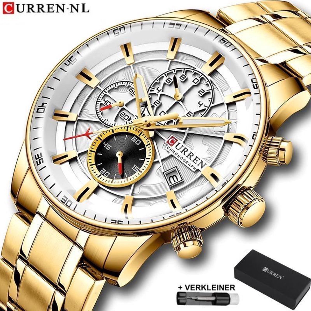 Horloges voor Mannen Heren Horloge Curren Herenhorloge Watch - Jongens Horloges - Incl. Horlogebox Geschenkdoos Versteller - Goud Wit