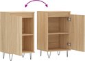 Zij-aanzicht van een dressoir met eikenprint, een deur geopend die toegang geeft tot twee planken, zwarte hairpin poten.