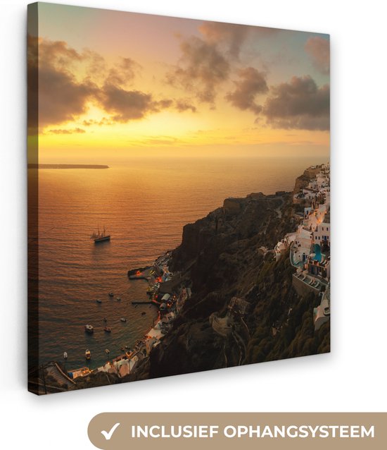 Canvas Schilderij Het vissersdorp Santorini Griekenland bij zonsondergang - 90x90 cm - Wanddecoratie