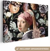 Oude Meesters Canvas - 60x40 - Peinture sur toile - Fille avec une boucle d'oreille en perle - Fleurs - Vermeer