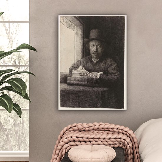 Autoportrait de Rembrandt eau-forte à une fenêtre - Peinture de Rembrandt van Rijn sur toile 60x80 cm - Tirage photo sur toile (Décoration murale salon / chambre)