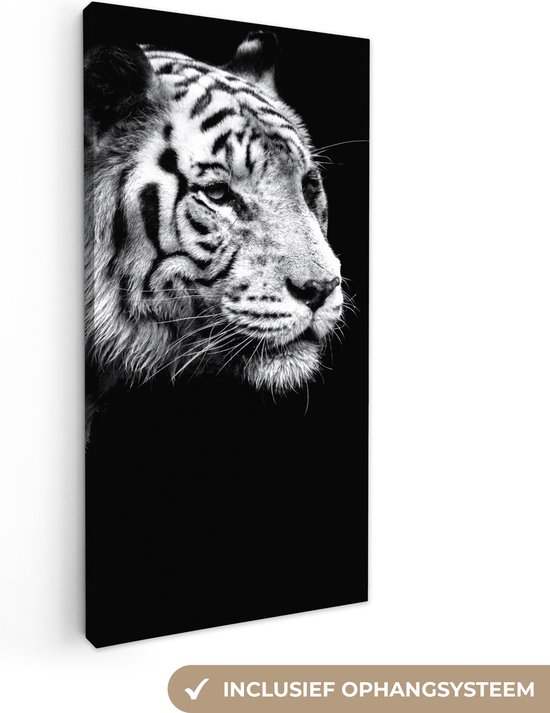 Canvas Schilderij Studio shot witte tijger op zwarte achtergrond in zwart-wit - 40x80 cm - Wanddecoratie