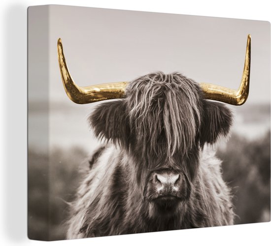 Schotse hooglander - Zwart - Wit - Goud - Canvas - 40x30 cm - Wanddecoratie