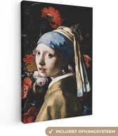 Canvas Schilderij Meisje met de parel - Johannes Vermeer - Bloemen - Rood - 80x120 cm - Wanddecoratie