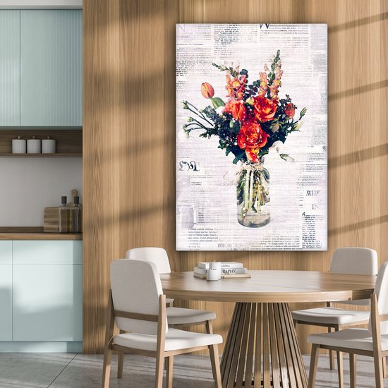 Illustration fleur sur coupure de journal 90x140 cm - Tirage photo sur toile (Décoration murale salon / chambre) / Peintures Fleurs sur toile