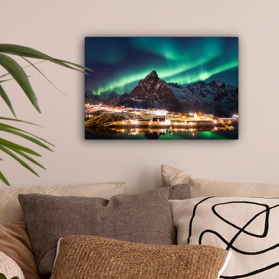 Aurores boréales au-dessus d'un village en Norvège toile 2cm 30x20 cm - petit - Tirage photo sur toile (Décoration murale salon / chambre) / phénomènes naturels Peintures sur toile
