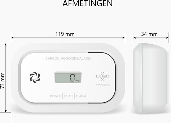 Afmetingen van de koolmonoxidemelder: 73 mm hoog, 119 mm breed en 34 mm diep.