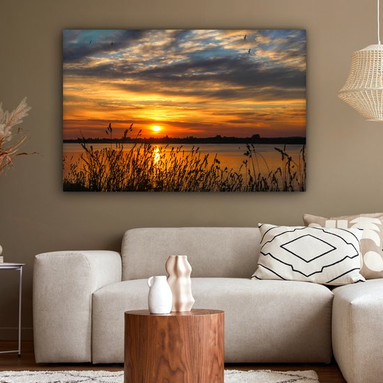 Toile - Peinture - Paysage - Mer - Coucher de soleil - Plantes - Tableau sur toile - Toile - 120x80 cm - Décoration murale de chambre