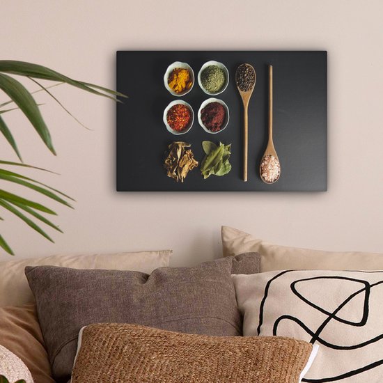 Toile Peinture Louche - Épices - Herbes - Vert - Marron - Rustique - 30x20 cm - Décoration murale