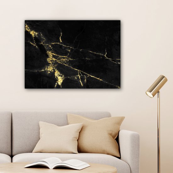Toile Peinture Marbre - Zwart - Or - Luxe - 80x60 cm - Décoration murale