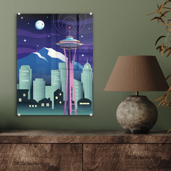 ® Glasschilderij 30x40 cm - Schilderij acrylglas - Illustratie van de Space Needle in de nacht - Foto op glas - Muurdecoratie woonkamer - Wanddecoratie slaapkamer - Schilderijen