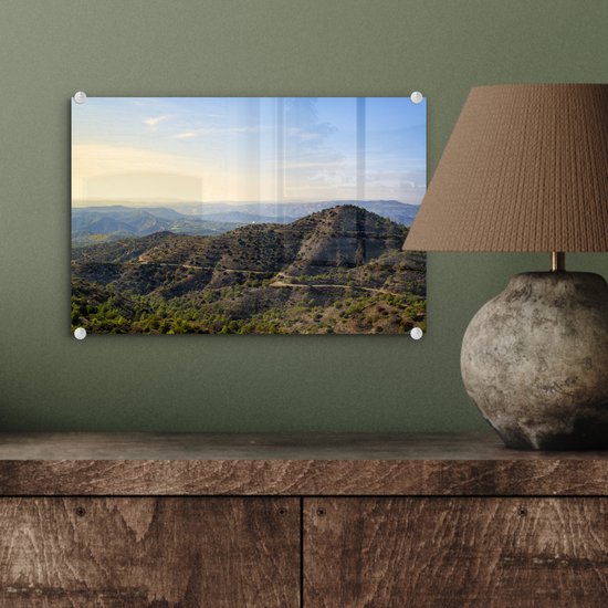 MuchoWow® Peinture sur verre - Les montagnes du Trodos à Chypre pendant une journée ensoleillée - 30x20 cm - Peintures sur verre acrylique - Photo sur Glas