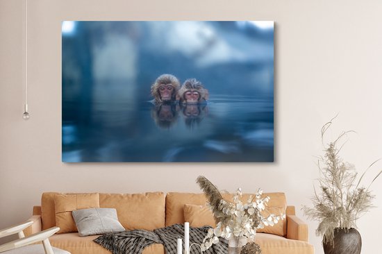 Canvas schilderij 180x120 cm - Wanddecoratie Japans - Apen - Water - Dieren - Landschap - Muurdecoratie woonkamer - Slaapkamer decoratie - Kamer accessoires - Schilderijen