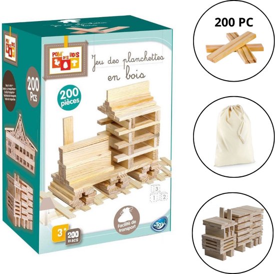 Houten Constructie Speelgoed – Bouwplankjes – 200 Stuks – Met Opbergzak