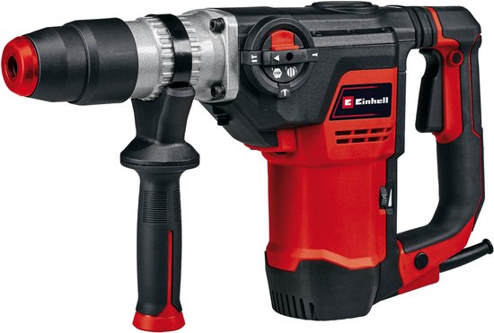 Rode en zwarte Einhell boorhamer met drie functies en SDS-Max op de voorgrond.
