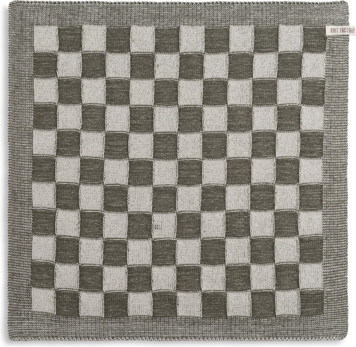Knit Factory Gebreide Keukendoek - Keukenhanddoek Block - Geblokt motief - Handdoek - Vaatdoek - Keuken doek - Ecru/Khaki - Traditionele look - 50x50 cm