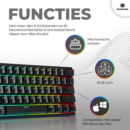 Gaming keyboard 60 % - Mechanisch gaming toetsenbord 60 procent - Toetsenbord gaming - QWERTY - Controlla