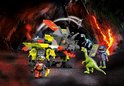 Playmobil Robo-Dino vechtmachine met dinosaurussen en speelfiguren in een lavalandschap.