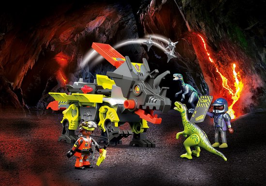 Playmobil Robo-Dino vechtmachine met dinosaurussen en speelfiguren in een lavalandschap.