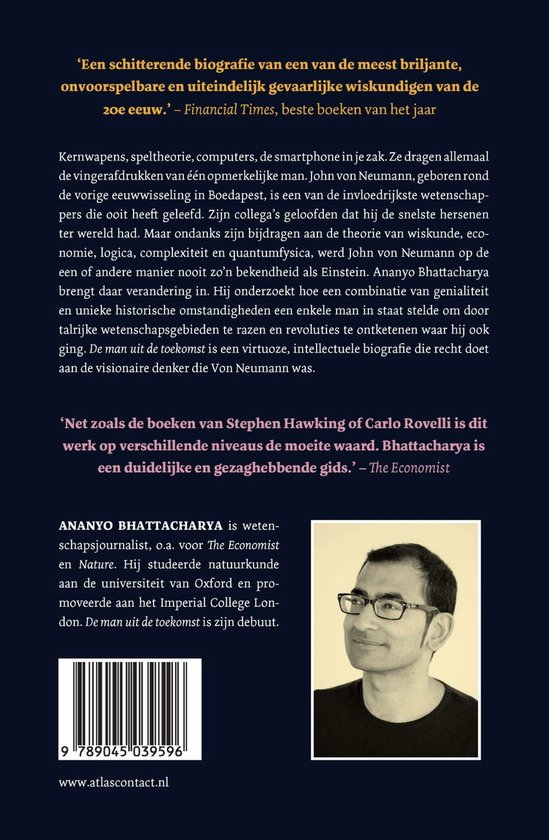 Portret van Ananyo Bhattacharya, auteur, met een bril en tekst over het boek 'De man uit de toekomst'.