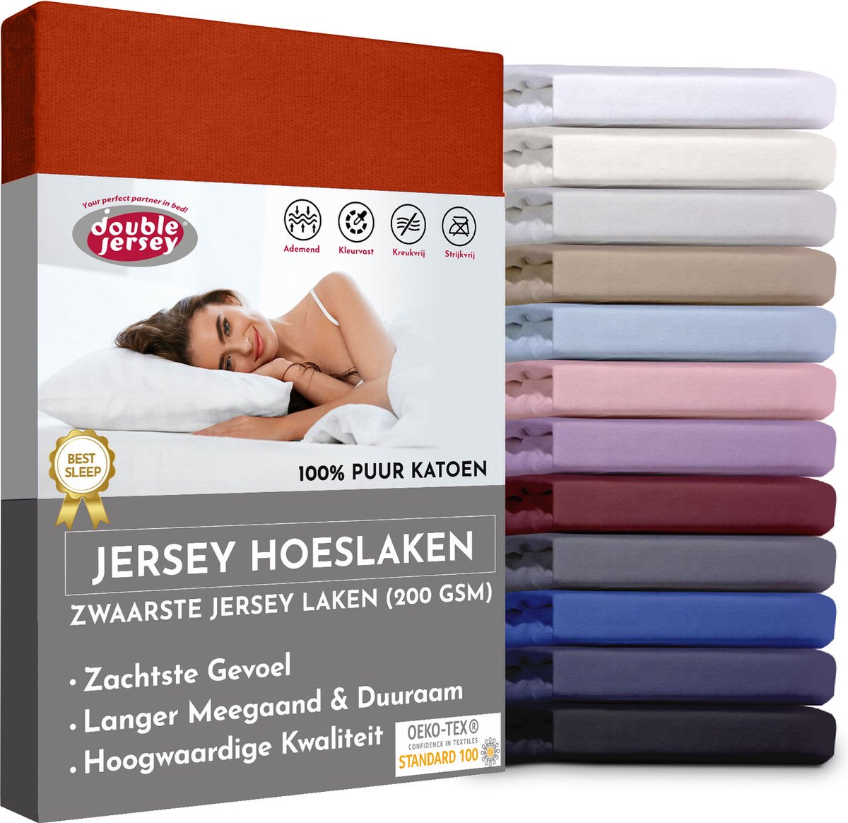 Double Jersey Hoeslaken - Hoeslaken 180x200+30 cm - 100% Katoen Terra
