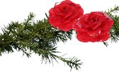 Kerstboom bloemen op clip - 2x stuks - rood - kunststof - 9 cm