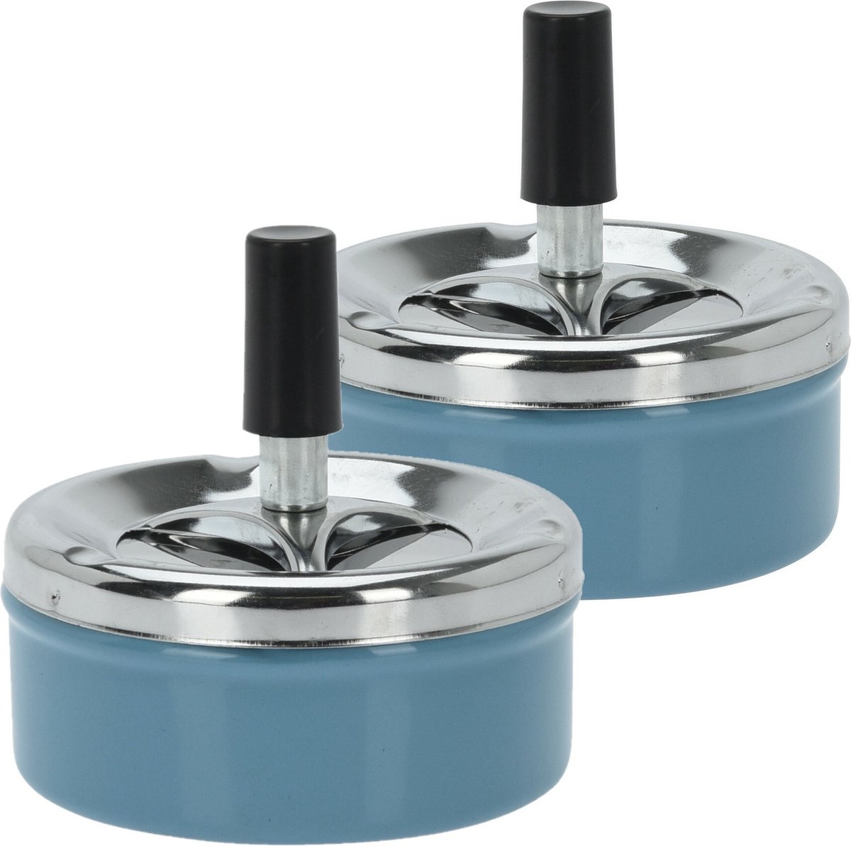 Goedkoopste Set van 2x stuks druk en draai tafel asbak metaal blauw en chrome 9 x 5 cm