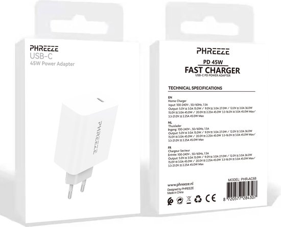 45W USB C Lader - Geschikt voor iPhone - Snellader - Met USB-C naar 8-PIN Kabel Opladerkabel - Phreeze