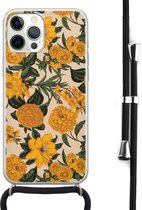 Hoesje met koord - Geschikt voor iPhone 12 Pro Max - Retro flowers - Verstelbaar zwart koord - Transparant, Oranje - Bloemen - Leuke Telefoonhoesjes