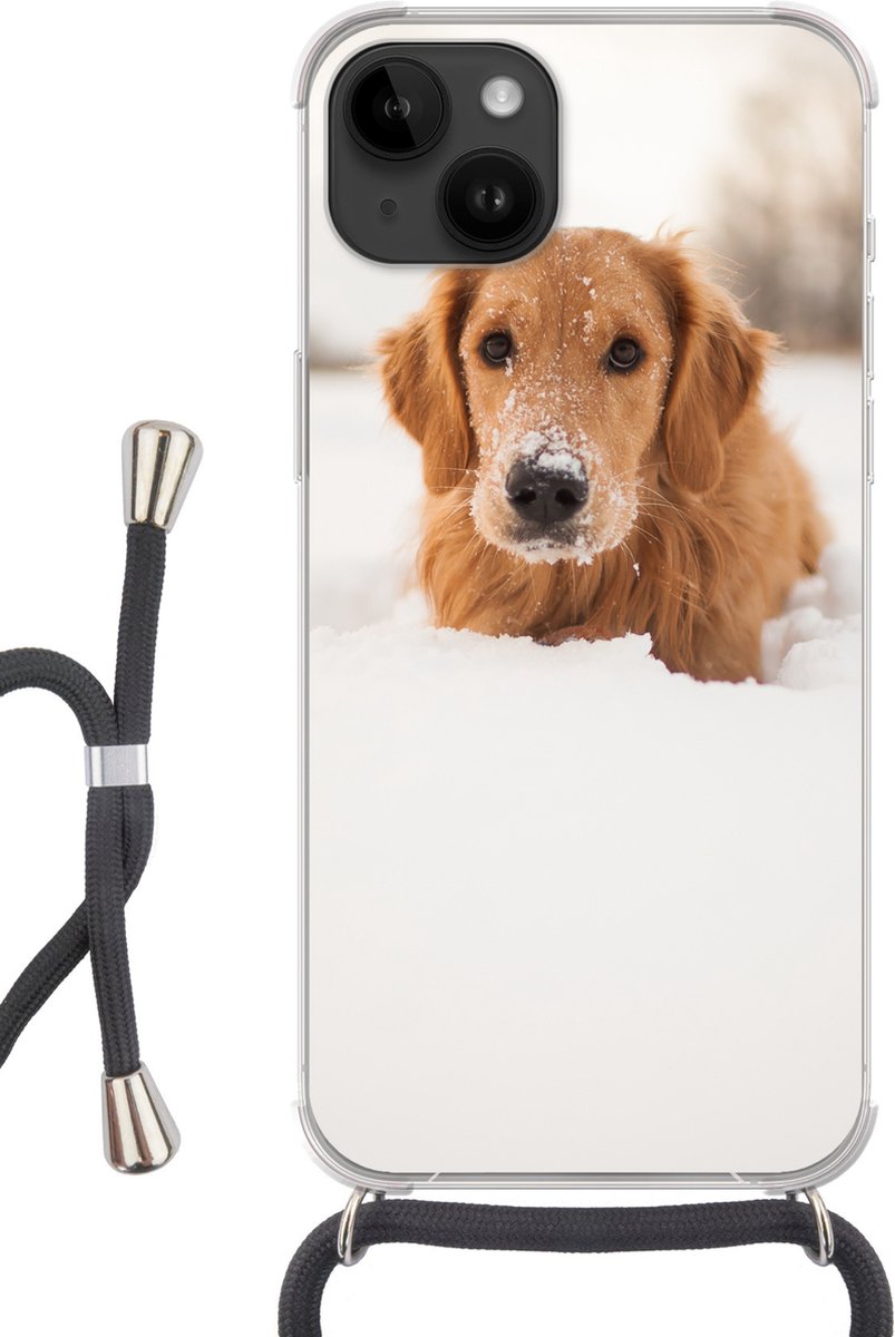 Telefoonhoesje Geschikt voor Apple Iphone 14 - Hond - Sneeuw - Winter - Siliconen - Crossbody - Backcover met Koord - Telefoonhoesje met koord - Hoesje met touw Telefoonhoesje