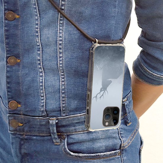 Coque de téléphone compatible avec Apple iPhone 14 Pro - Cerf - Brume - Forêt - Siliconen - Bandoulière - Coque arrière avec cordon - Coque avec cordon - Coque avec corde