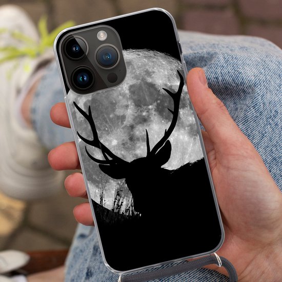 Étui de téléphone adapté à Apple Iphone 14 Pro Max - Cerf - Lune - Nuit - Siliconen - Bandoulière - Coque arrière avec cordon - Étui de téléphone avec cordon - Étui avec corde