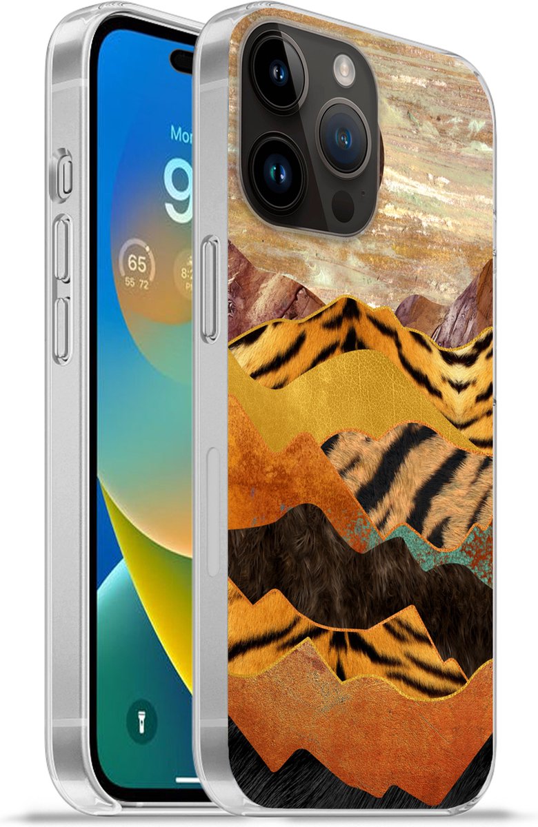 Telefoonhoesje Geschikt voor Apple Iphone 14 Pro hoesje - Tijgerprint - Marmer print - Goud - Siliconen Telefoonhoesje Telefoonhoesje