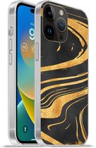 Geschikt voorApple Iphone 14 Pro Max hoesje - Marmer print - Goud - Zwart - Siliconen Telefoonhoesje