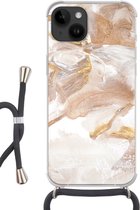 Geschikt voorApple Iphone 14 - Crossbody Case - Aquarelverf - Goud - Bruin - Siliconen - Crossbody - Backcover met Koord - Telefoonhoesje met koord - Hoesje met touw