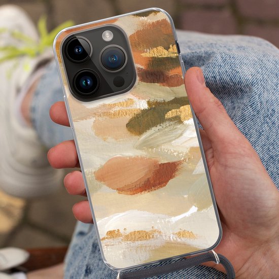 Telefoonhoesje Geschikt voor Apple Iphone 14 Pro - Verf - Goud - Bruin - Siliconen - Crossbody - Backcover met Koord - Telefoonhoesje met koord - Hoesje met touw Telefoonhoesje