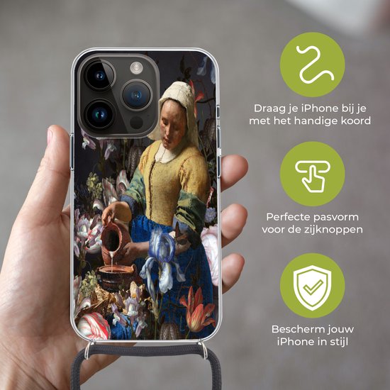 Telefoonhoesje Geschikt voor Apple Iphone 14 Pro - Melkmeisje - Bloemen - Regenboog - Siliconen - Crossbody - Backcover met Koord - Telefoonhoesje met koord - Hoesje met touw Telefoonhoesje