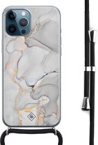Casimoda® hoesje met koord - Geschikt voor iPhone 12 Pro Max - Marmer Grijs - Afneembaar koord - Siliconen/TPU - Grijs