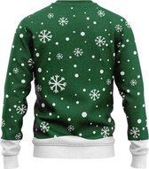 Achterkant van een groene kersttrui met sneeuwvlokkenpatroon en witte boorden.