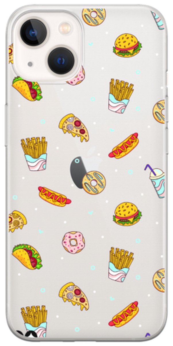 Telefoonhoesje geschikt voor Apple iPhone 14 Plus - Transparant Siliconenhoesje - Flexibel en schokabsorberend - Foodcollectie - Fast Food Party Transparent - Transparant