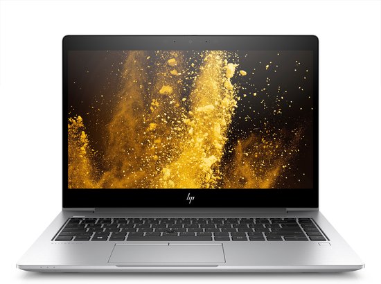 Zilverkleurige HP laptop met open scherm dat een abstracte gele explosie toont.