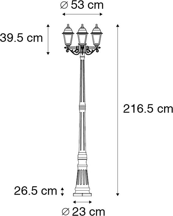 Technische tekening van een drielichts lantaarnpaal met afmetingen: hoogte 216,5 cm, breedte 53 cm.