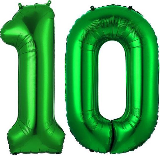 Folie Ballon Cijfer 10 Jaar Groen Verjaardag Versiering Helium Cijfer Ballonnen Feest versiering Met Rietje - 86Cm