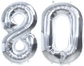 Folie Ballon Cijfer 80 Jaar Zilver Verjaardag Versiering Helium Cijfer Ballonnen Feest versiering Met Rietje - 86Cm