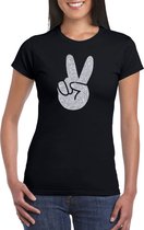 Toppers Zwart Flower Power t-shirt zilveren glitter peace hand dames - Sixties/jaren 60 kleding XL