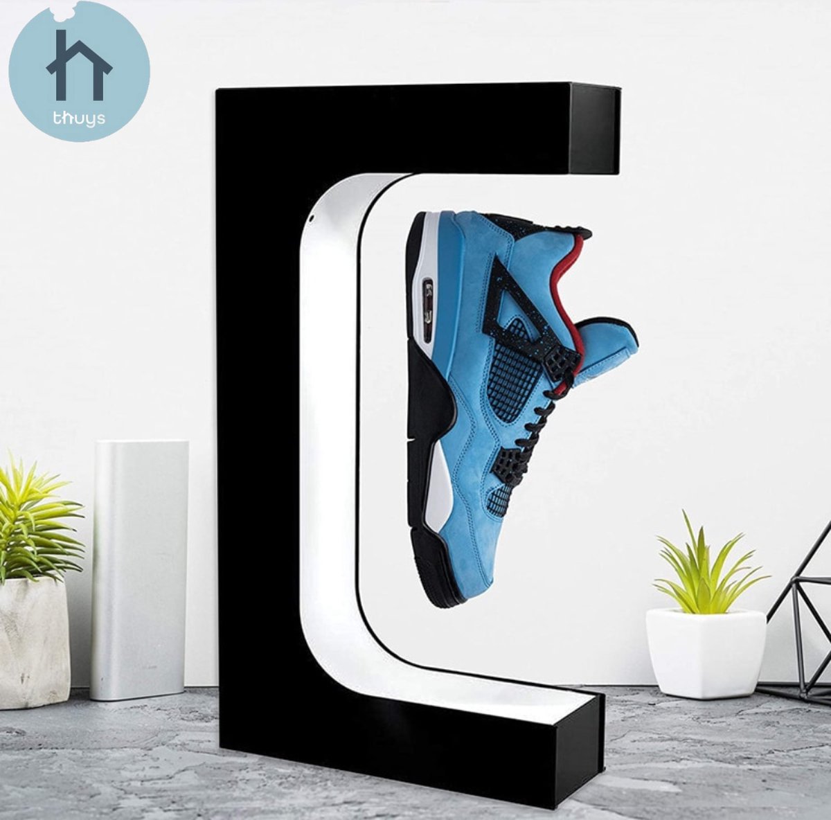 Thuys Luxe Schoenen Display - Sneaker Display - Schoenenbox - Zwevende Sneaker Houder - Magnetische Schoenenopberger met LED - 360 Graden Draaiend - Zwart
