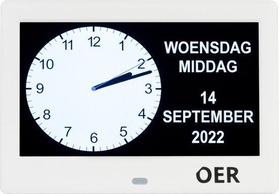 OER – Dementieklok – 7 Inch Scherm – Kalenderklok voor Dementie – Digitale en Analoge Weergaves – Alarmen als Geheugensteun – Duidelijke Weergave van Tijd, Datum, Dag(deel) – Wit