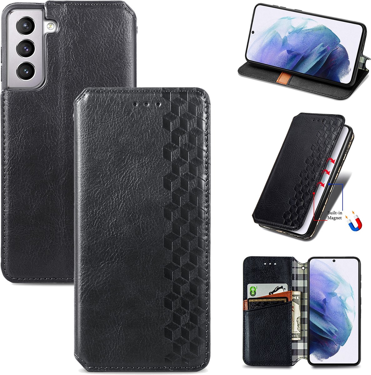 Luxe PU Lederen Ruitpatroon Wallet Case + PMMA Screenprotector voor Galaxy S22 _ Zwart